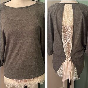 Women Sz M grey dolman sleeves back lace bow  casual rare light Sweater …